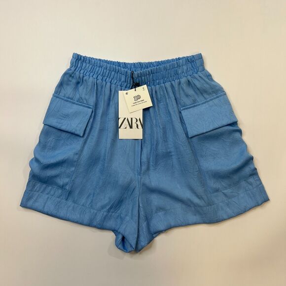 Zara Satin Effect Cargo Short Womens XS Extra Small Crinkle Blue Faux Fly Pocket - Picture 4 of 13